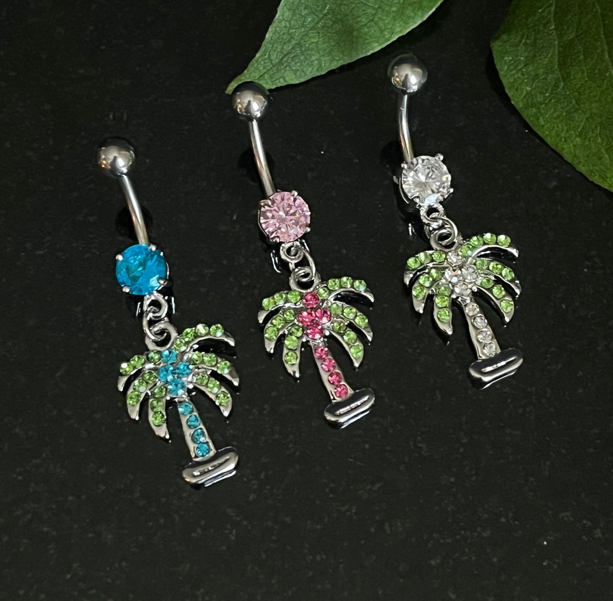 1 Piece Beautiful Palm Tree CZ Gem Navel / Naval Belly Ring - 14g - 10mm - Clear, Pink & Aqua Available!