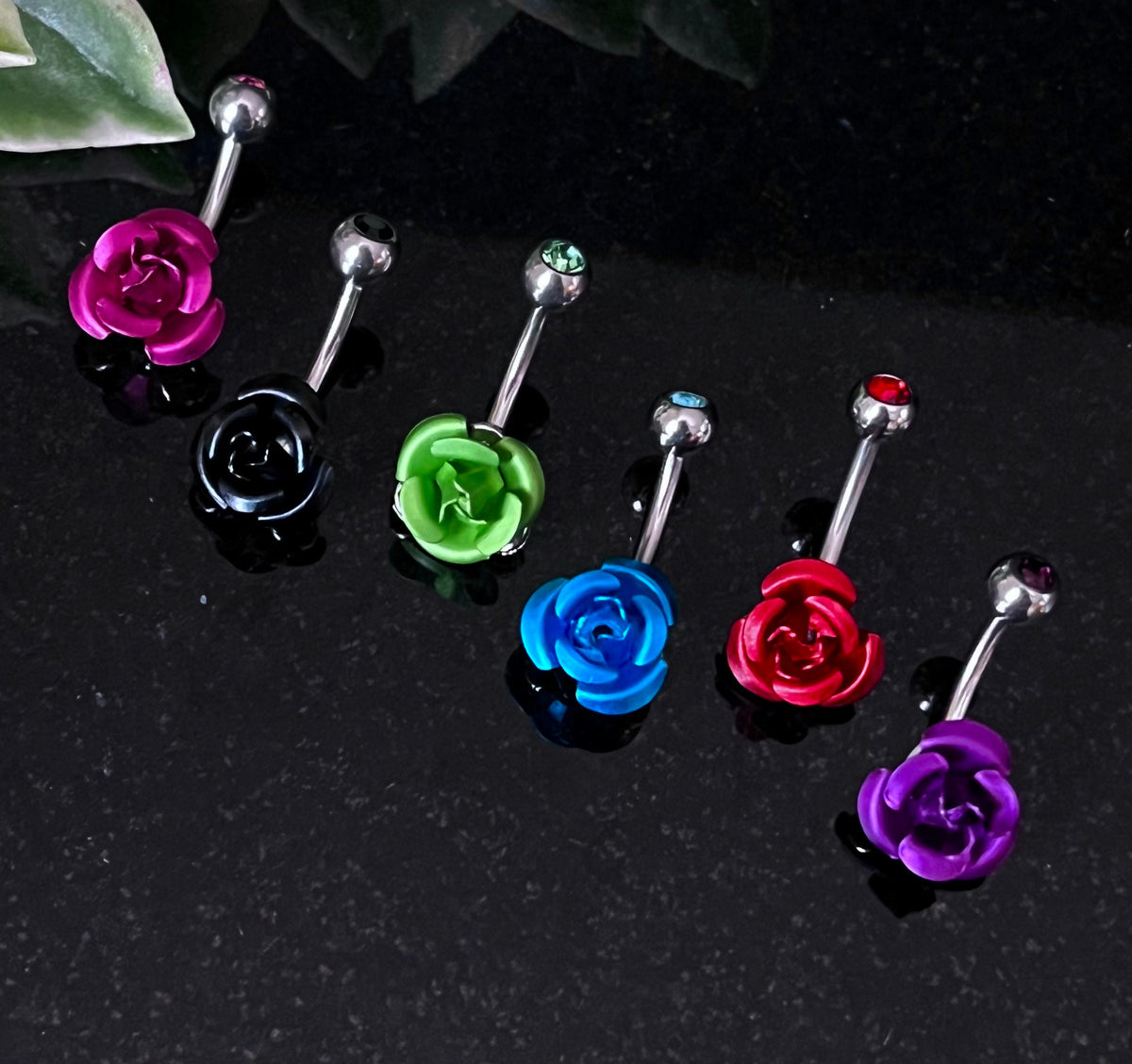 1 Piece Unique Colored Metal Rose with CZ Gem Navel / Naval Belly Ring - 14g - 10mm - Pink, Purple, Red, Green, Aqua & Black Available!