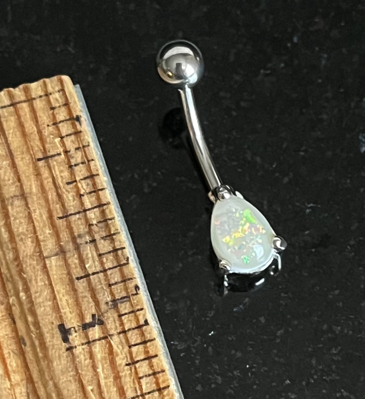 1 Piece Solitaire Tear Drop Opal Glitter Gem 316L Surgical Steel Navel/Naval Belly Ring - 14g - Blue, Pink, White & Dark Green Available!