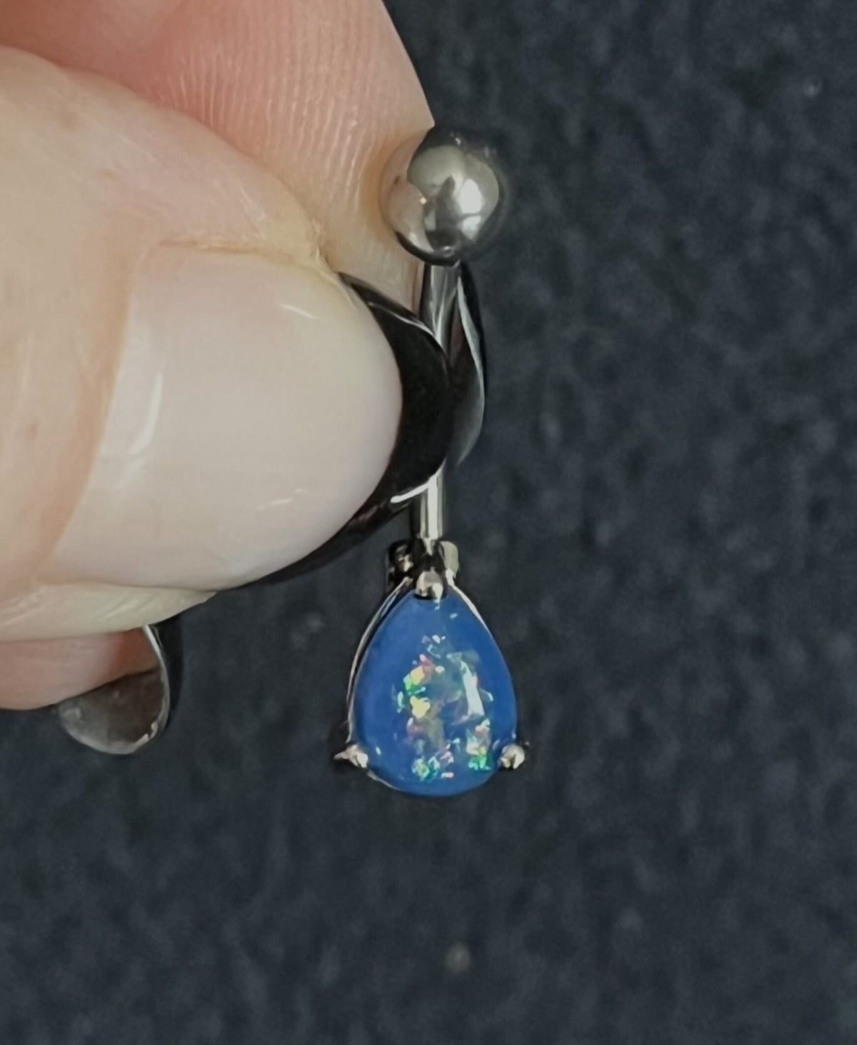 1 Piece Solitaire Tear Drop Opal Glitter Gem 316L Surgical Steel Navel/Naval Belly Ring - 14g - Blue, Pink, White & Dark Green Available!