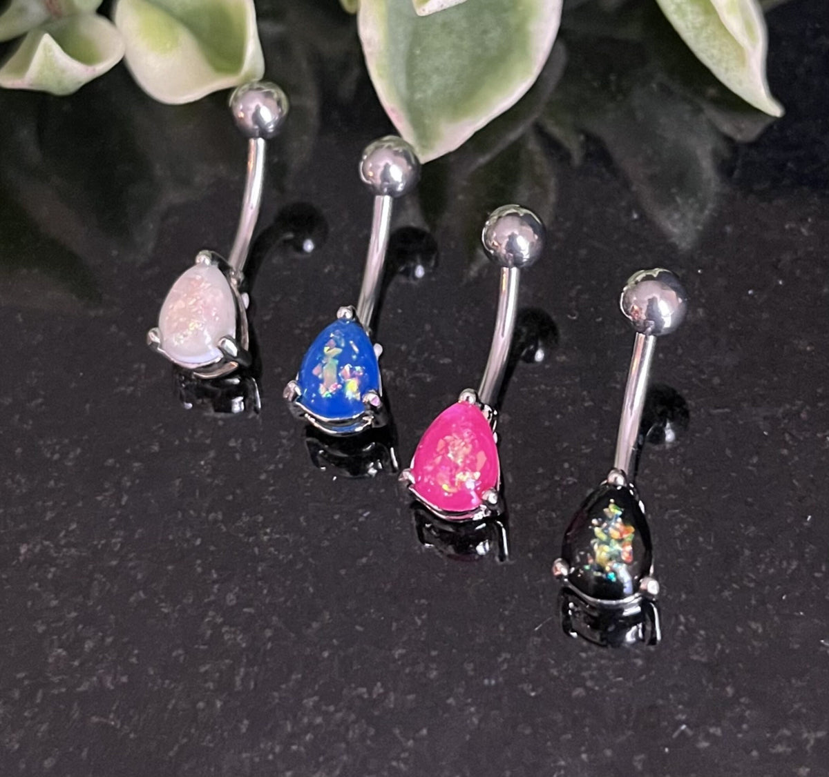 1 Piece Solitaire Tear Drop Opal Glitter Gem 316L Surgical Steel Navel/Naval Belly Ring - 14g - Blue, Pink, White & Dark Green Available!