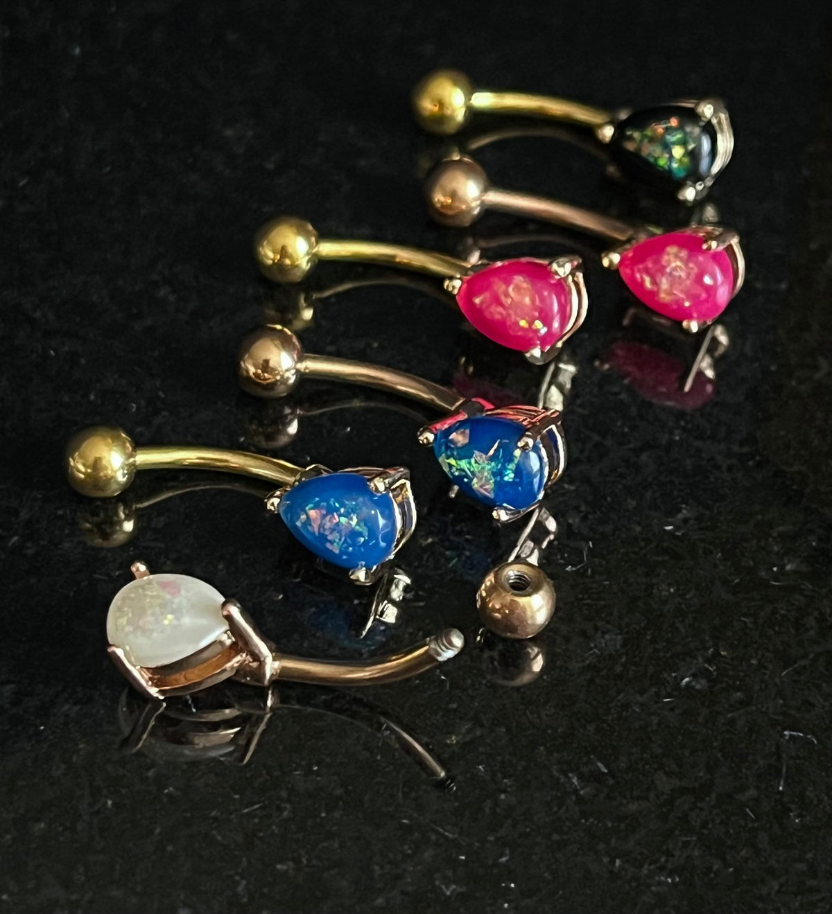 1 Piece Solitaire Tear Drop Opal Glitter Gem Navel/Naval Belly Ring - 14g -Available in Gold or Rose Gold in Blue, Pink, White & Dark Green!
