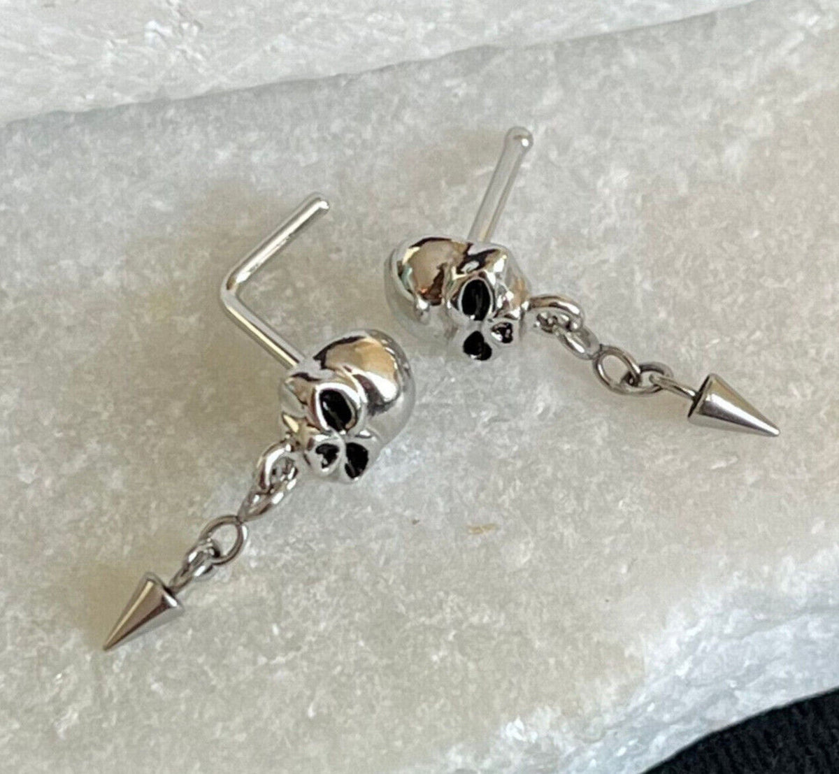1 Piece Unique Skull with Chain Spike Dangle Nose L-Bend or Nose Stud - 20g - 6mm Wearable Length!