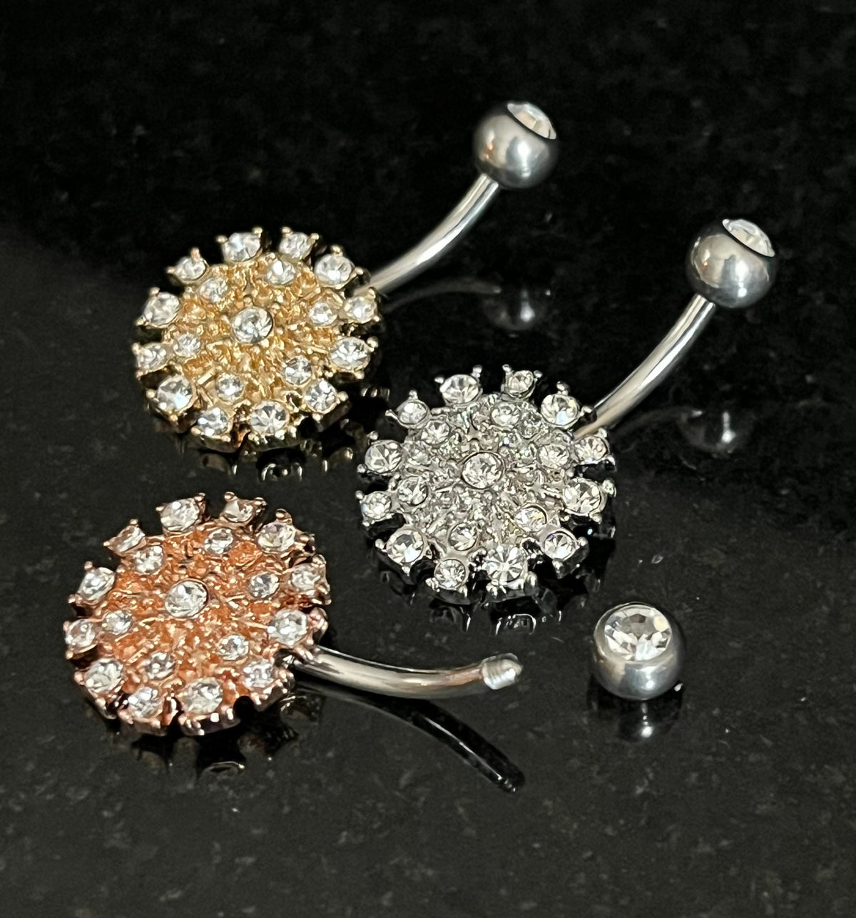 1 Piece Unique CZ Gem Paved Round Shield 316L Surgical Steel Navel / Naval Belly Ring - 14g - 10mm -Available in Gold, Rose Gold and Silver!