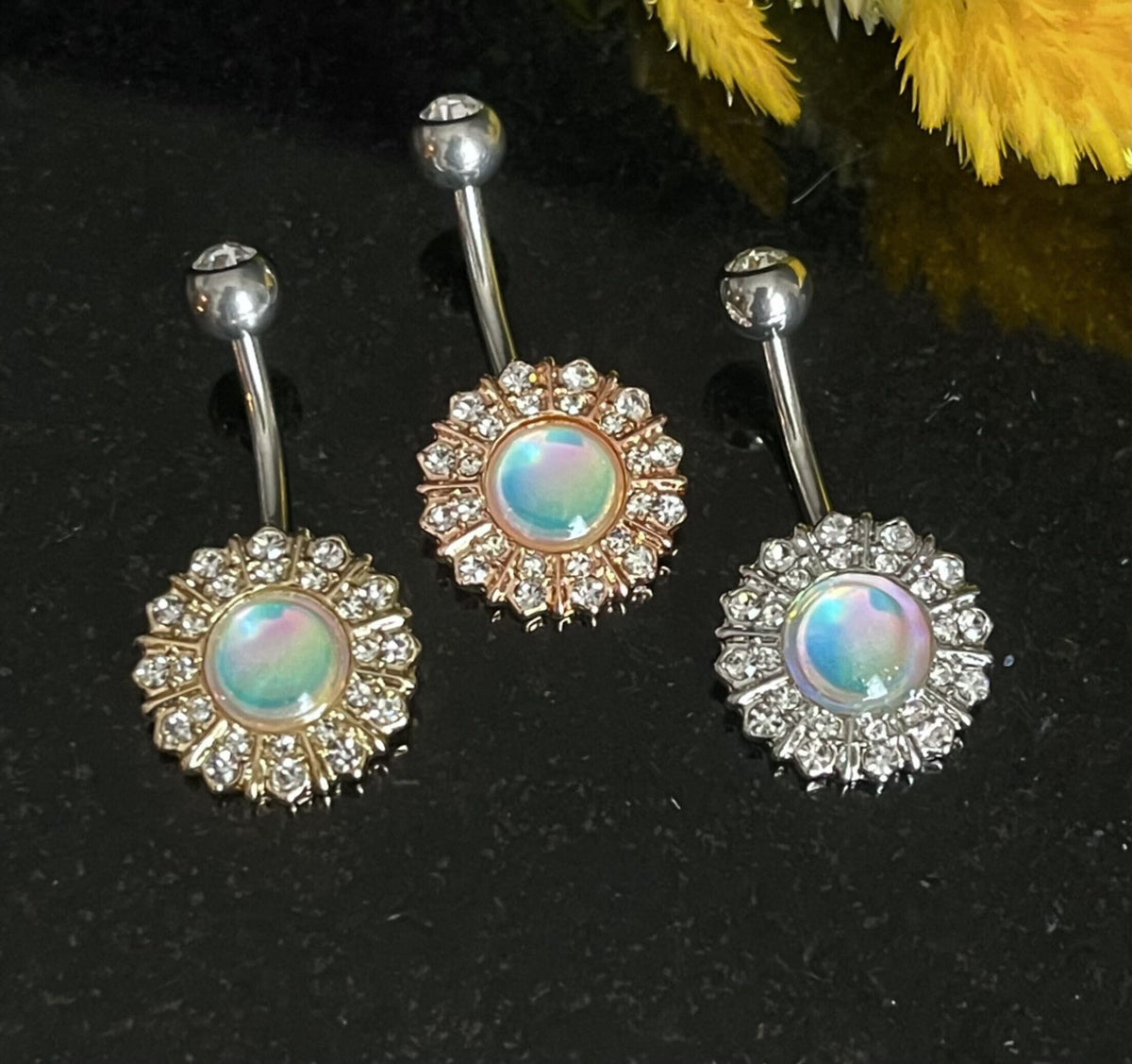 1 Piece Beautiful Gem Paved White Revo Reflecting Stone Navel / Naval Belly Ring - 14g - 10mm - Available in Gold, Rose Gold and Silver!