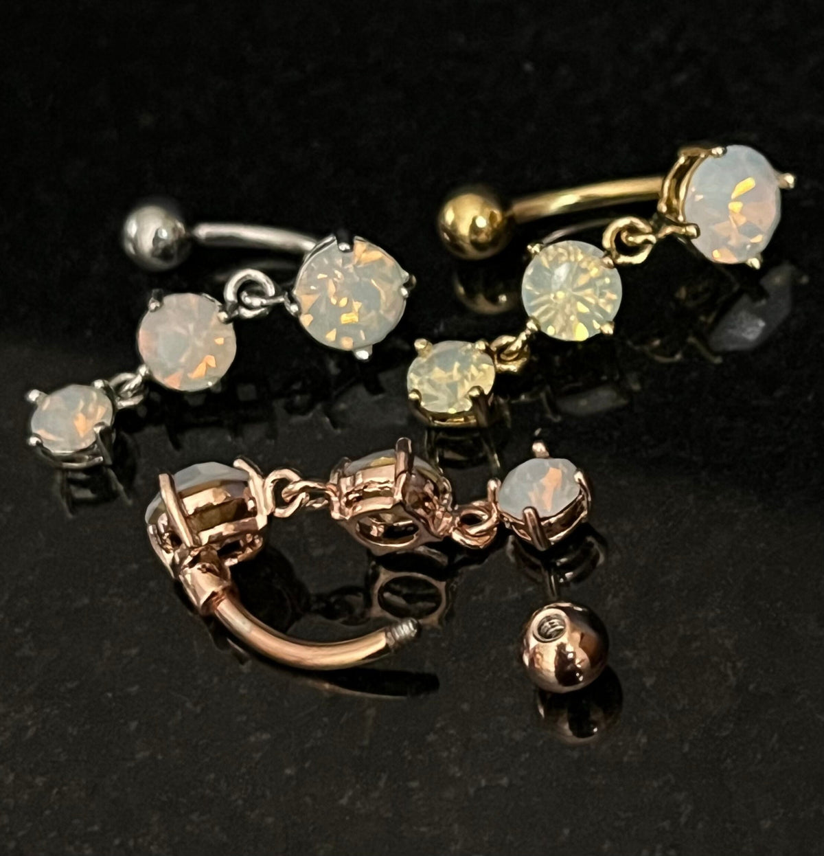 1 Piece Brilliant Triple Opalite Gems Top Drop Dangle Reverse Navel/Naval Belly Ring- 14g - 10mm - Silver, Gold & Rose Gold Available!