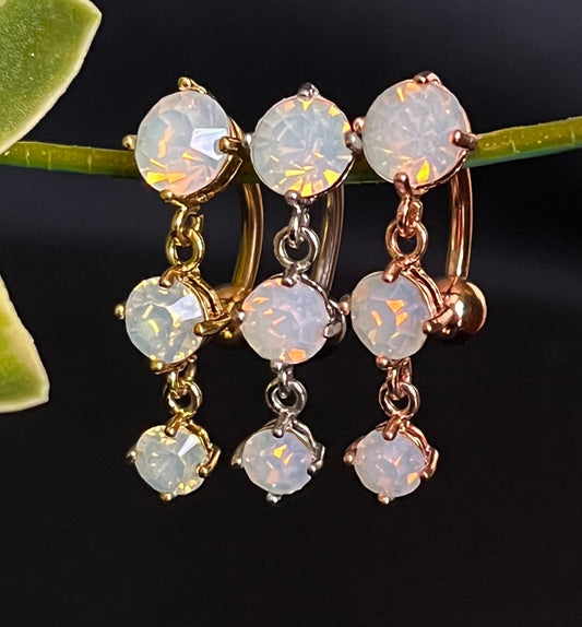 1 Piece Brilliant Triple Opalite Gems Top Drop Dangle Reverse Navel/Naval Belly Ring- 14g - 10mm - Silver, Gold & Rose Gold Available!