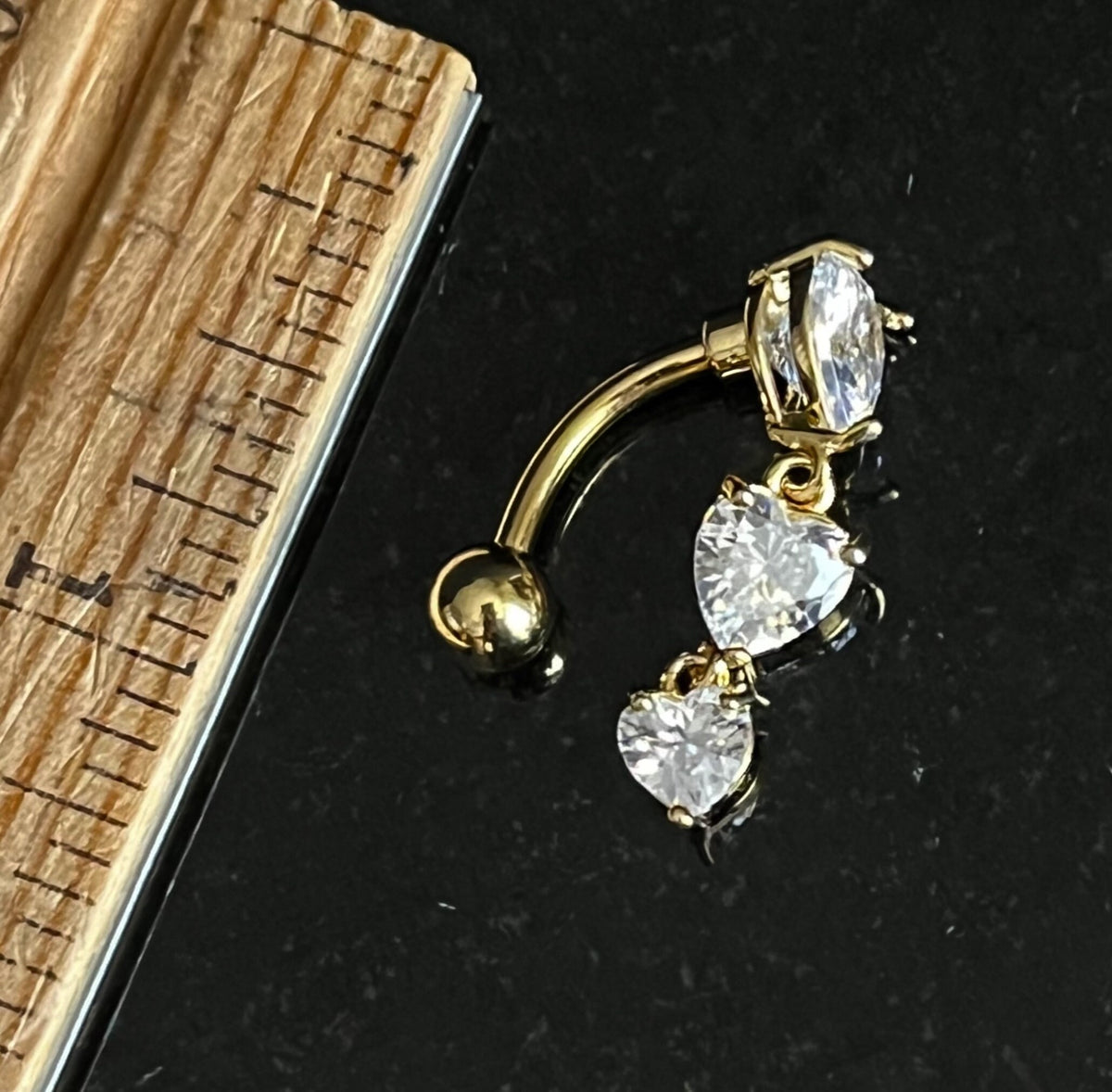 1 Piece Brilliant Triple CZ Gem Hearts Top Drop Dangle Reverse Navel/Naval Belly Ring- 14g - 10mm - Silver, Gold & Rose Gold Available!