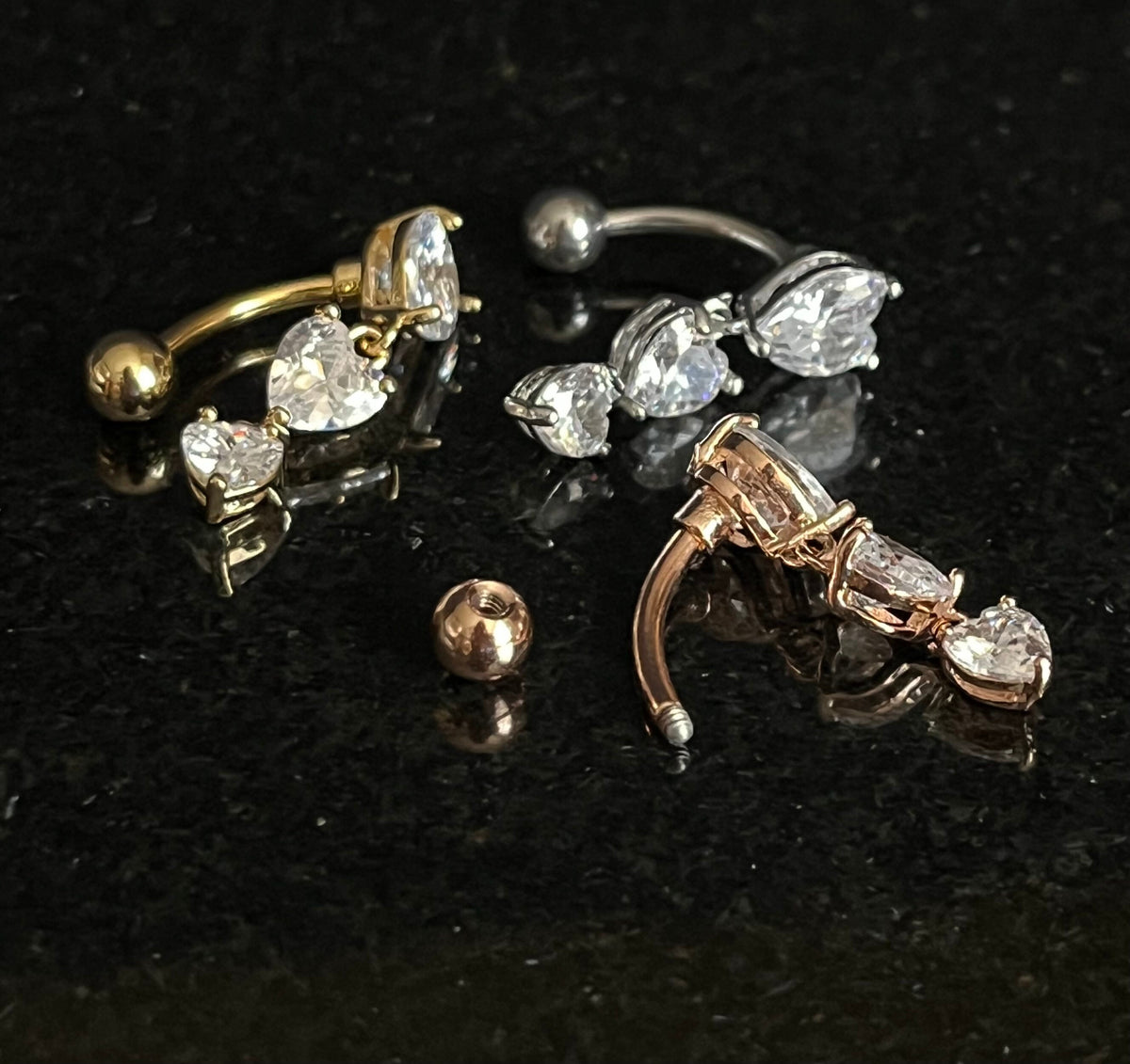 1 Piece Brilliant Triple CZ Gem Hearts Top Drop Dangle Reverse Navel/Naval Belly Ring- 14g - 10mm - Silver, Gold & Rose Gold Available!