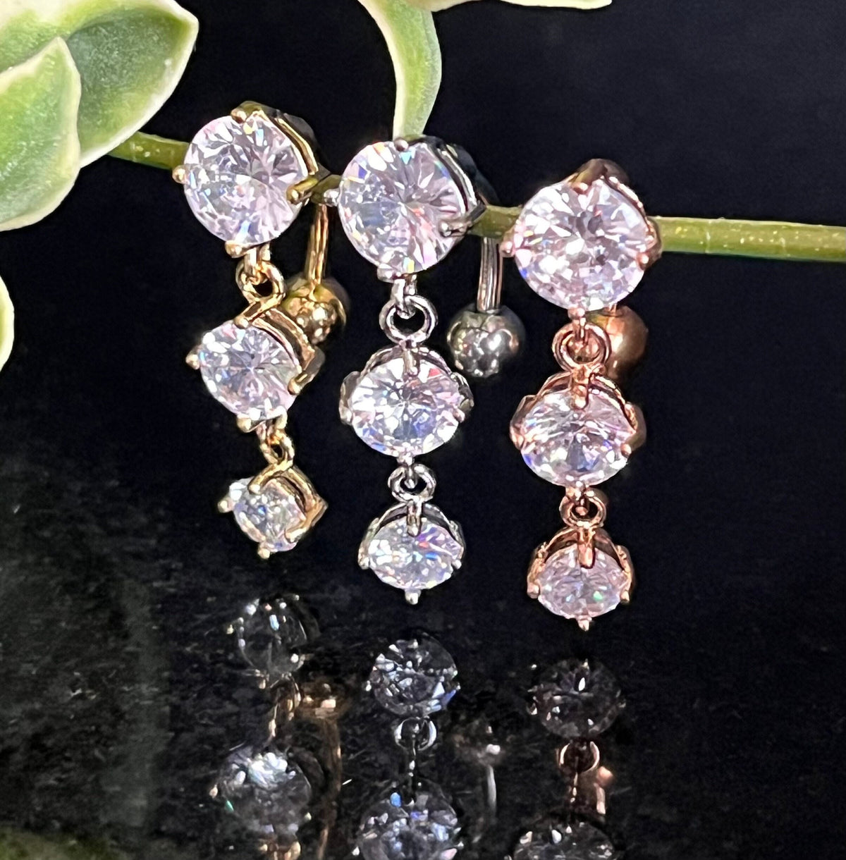1 Piece Dazzling Triple Round CZ Gems Top Drop Dangle Reverse Navel/Naval Belly Ring- 14g - 10mm - Silver, Gold & Rose Gold Available!