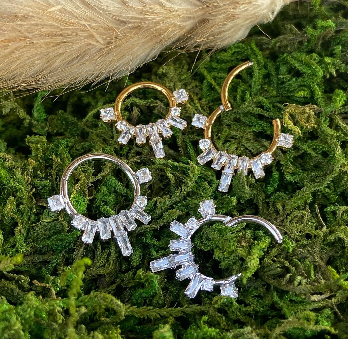 1 Piece Stunning Baguette CZ Gems Fan Hinged Segment Septum Ring - 16g - 10mm & 8mm - Gold and Silver Available!