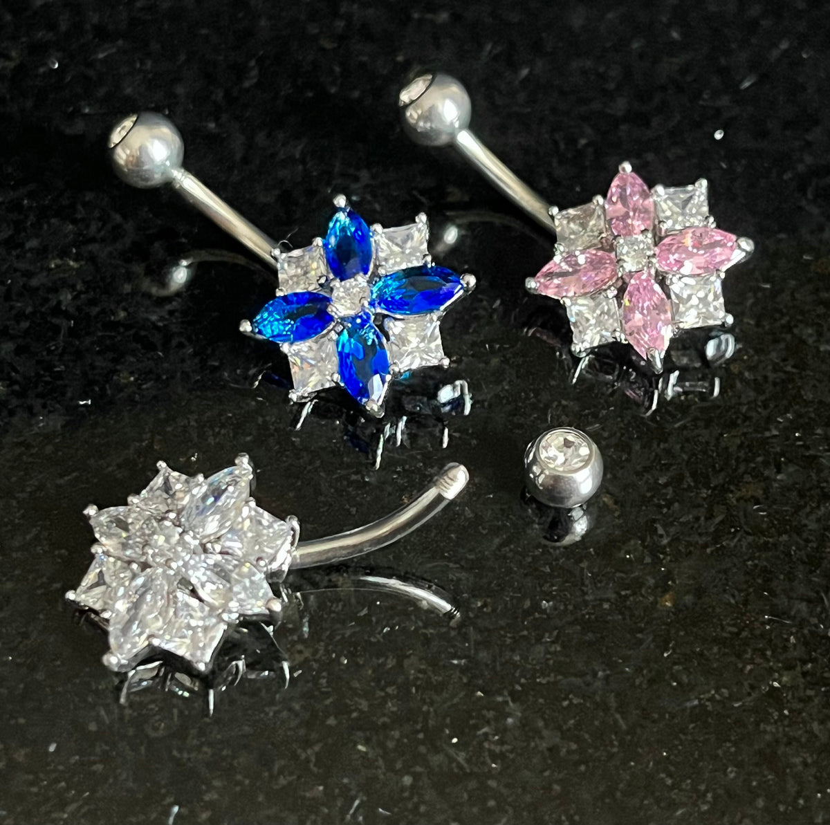 1 Piece Stunning Marquise & Square CZ Cluster Gem Flower Navel / Naval Belly Ring - 14g - 10mm - Available in Blue, Clear and Pink!