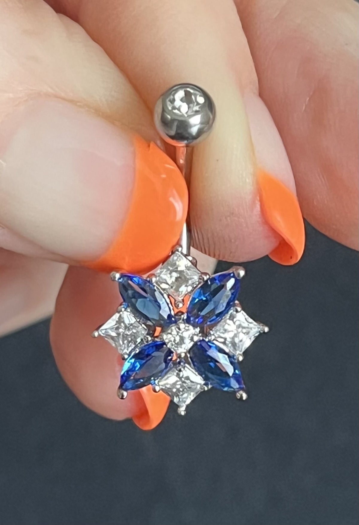 1 Piece Stunning Marquise & Square CZ Cluster Gem Flower Navel / Naval Belly Ring - 14g - 10mm - Available in Blue, Clear and Pink!
