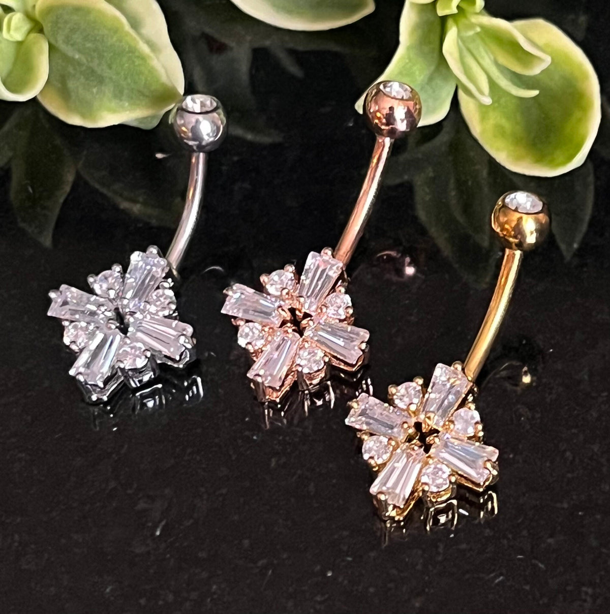1 Piece Princess Cut CZ Gem Cross Surgical Steel Navel / Naval Belly Ring - 14g - 10mm- Gold, Steel and Rose Gold Available!