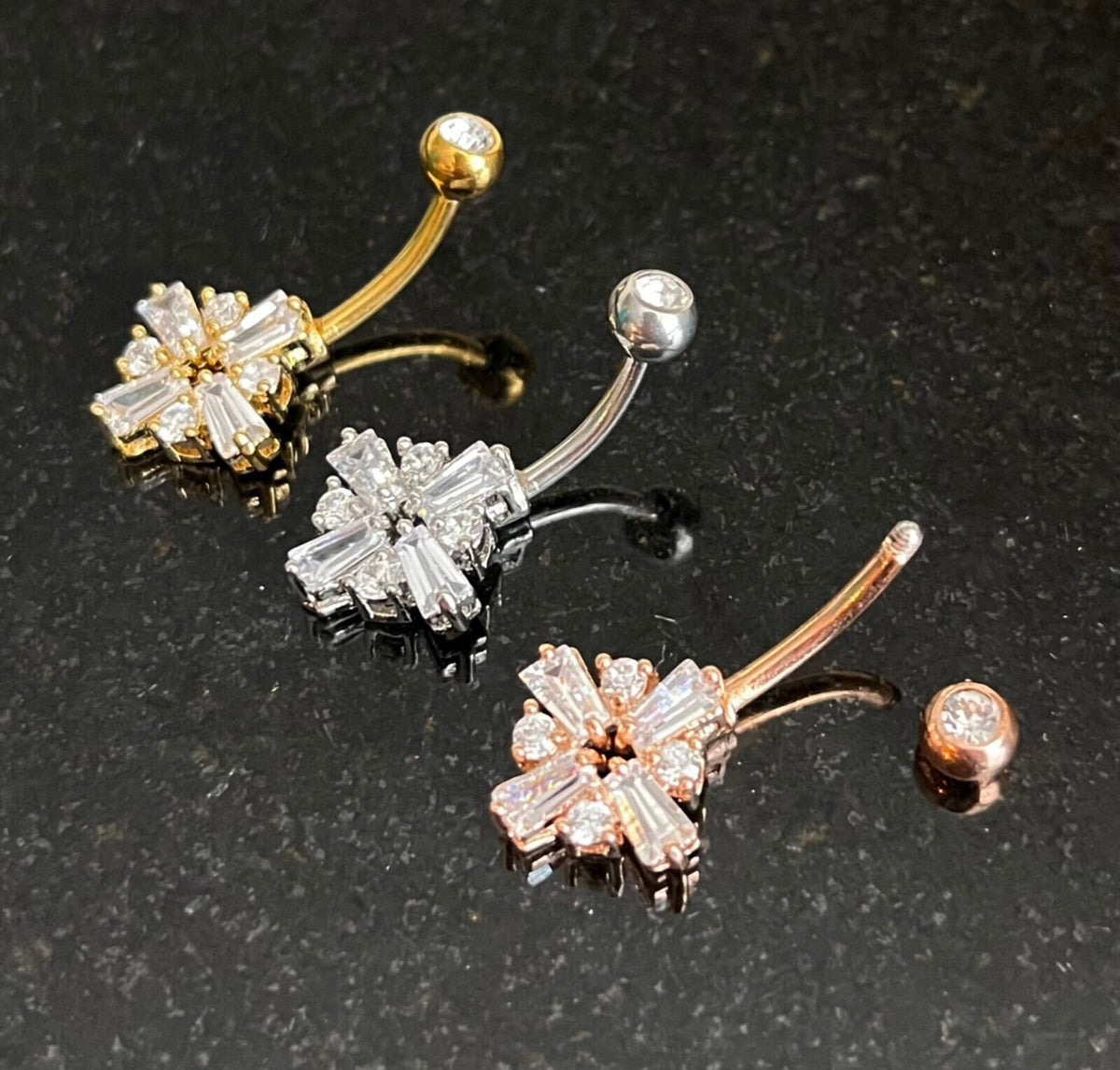 1 Piece Princess Cut CZ Gem Cross Surgical Steel Navel / Naval Belly Ring - 14g - 10mm- Gold, Steel and Rose Gold Available!