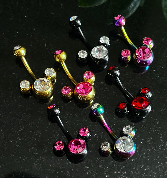1 Piece Cute Mouse Triple CZ Gem Ion Plated 316 Surgical Steel Navel/Naval Belly Ring - 14g - Available in A Variety of Colors!