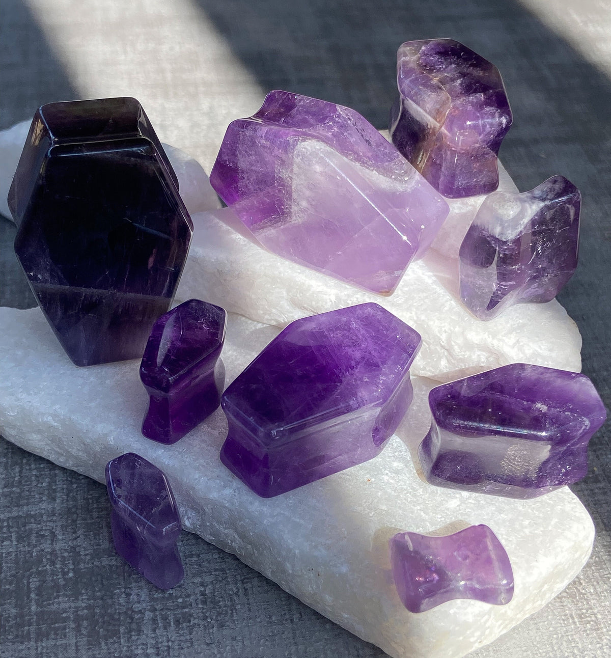 PAIR of Beautiful Amethyst Organic Stone Double Flare Coffin Double Flare Plugs - Gauges 2g (6mm) to 1" (25mm) Available!