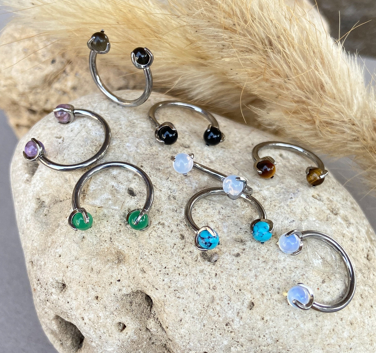 1 Piece Solid Titanium Stone Septum Ring -in Amethyst, Black Onyx, Green Aventurine, Obsidian, Opalite, Pink Opalite, Tiger Eye & Turquoise!