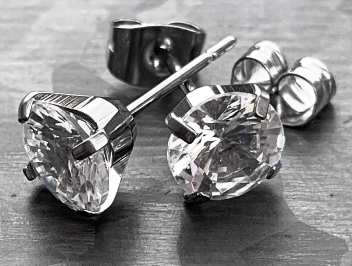 PAIR of Brilliant Prong Set CZ Gem 6AL-4VELI ASTM F136 Implant Grade Titanium Stud Earrings - 2mm thru 7mm Available!