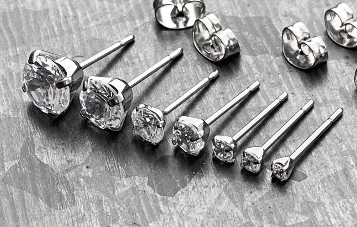 PAIR of Brilliant Prong Set CZ Gem 6AL-4VELI ASTM F136 Implant Grade Titanium Stud Earrings - 2mm thru 7mm Available!