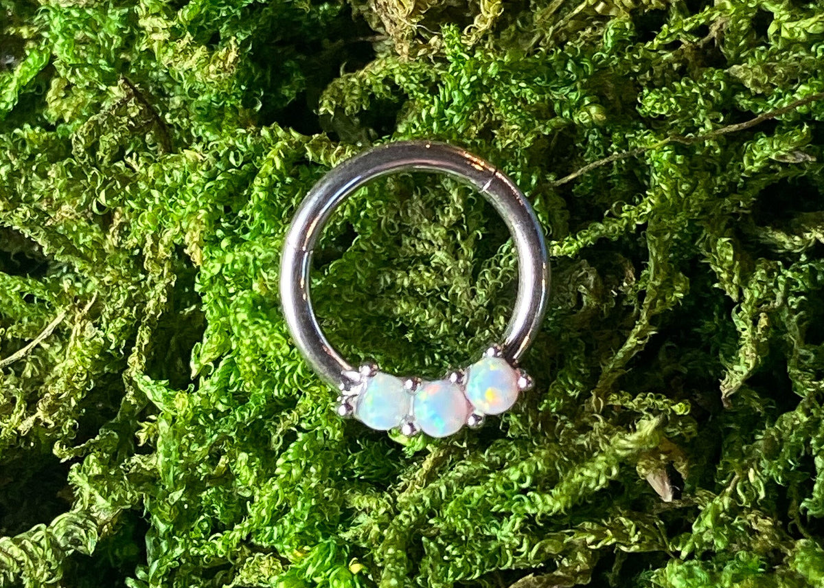 1 Piece Beautiful Three Opals 316L Surgical Steel Hinged Segment Ring - Back, Blue Gold, Purple, Rainbow, Rose Gold and White Available!