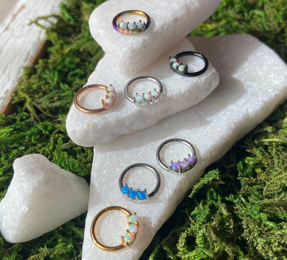 1 Piece Beautiful Three Opals 316L Surgical Steel Hinged Segment Ring - Back, Blue Gold, Purple, Rainbow, Rose Gold and White Available!