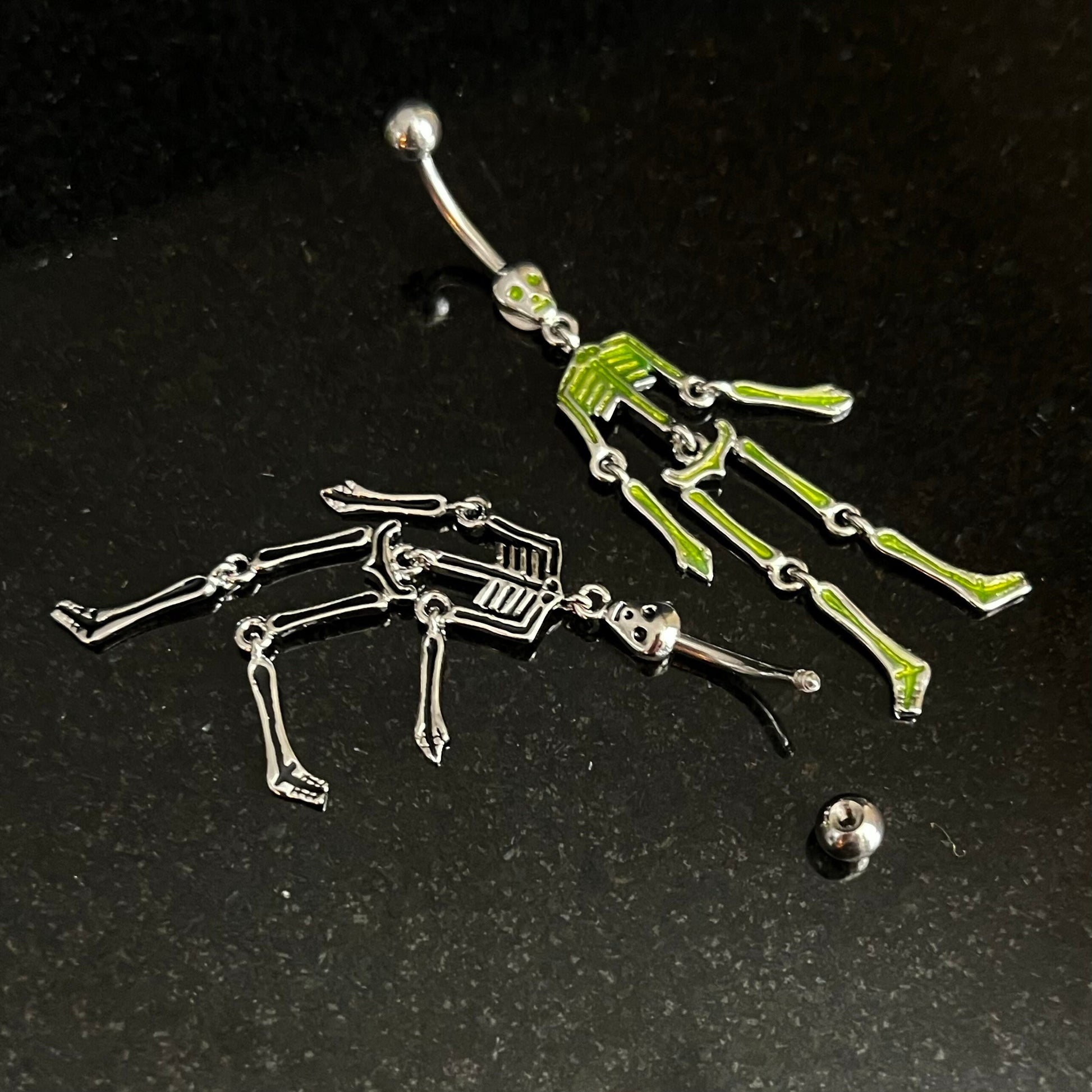 1 Piece Scary Skeleton Dangle Belly Ring Navel / Naval Belly Ring - 14g - 10mm - Green and Clear Available!