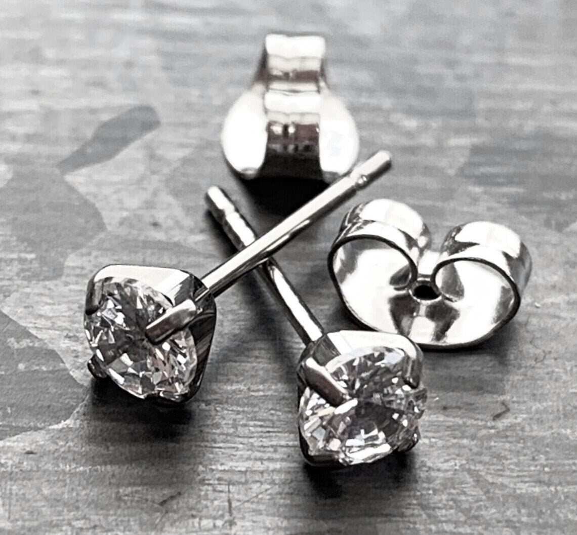 PAIR of Brilliant Prong Set CZ Gem 6AL-4VELI ASTM F136 Implant Grade Titanium Stud Earrings - 2mm thru 7mm Available!