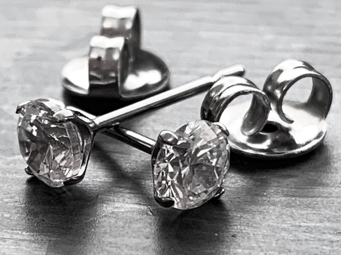 PAIR of Brilliant Prong Set CZ Gem 6AL-4VELI ASTM F136 Implant Grade Titanium Stud Earrings - 2mm thru 7mm Available!