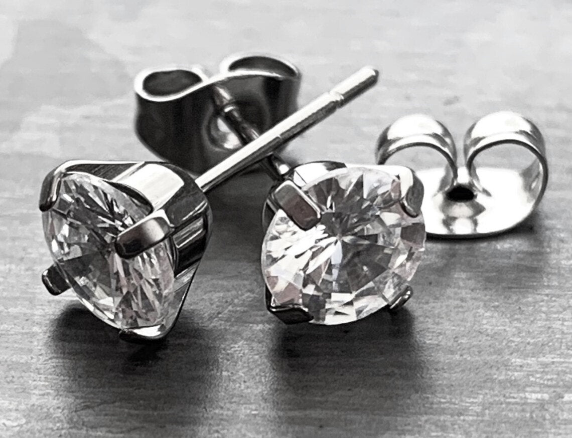 PAIR of Brilliant Prong Set CZ Gem 6AL-4VELI ASTM F136 Implant Grade Titanium Stud Earrings - 2mm thru 7mm Available!