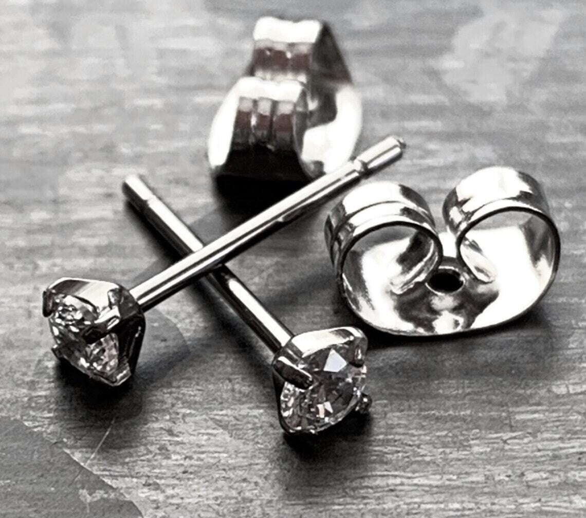 PAIR of Brilliant Prong Set CZ Gem 6AL-4VELI ASTM F136 Implant Grade Titanium Stud Earrings - 2mm thru 7mm Available!