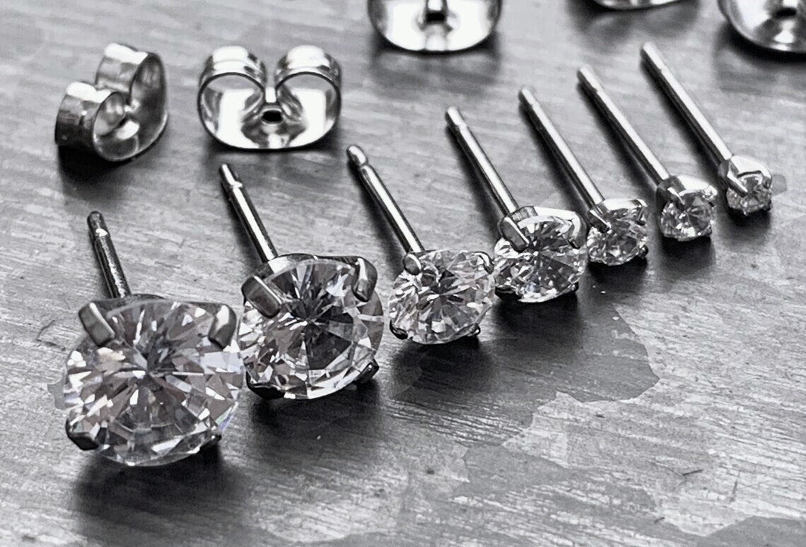 PAIR of Brilliant Prong Set CZ Gem 6AL-4VELI ASTM F136 Implant Grade Titanium Stud Earrings - 2mm thru 7mm Available!