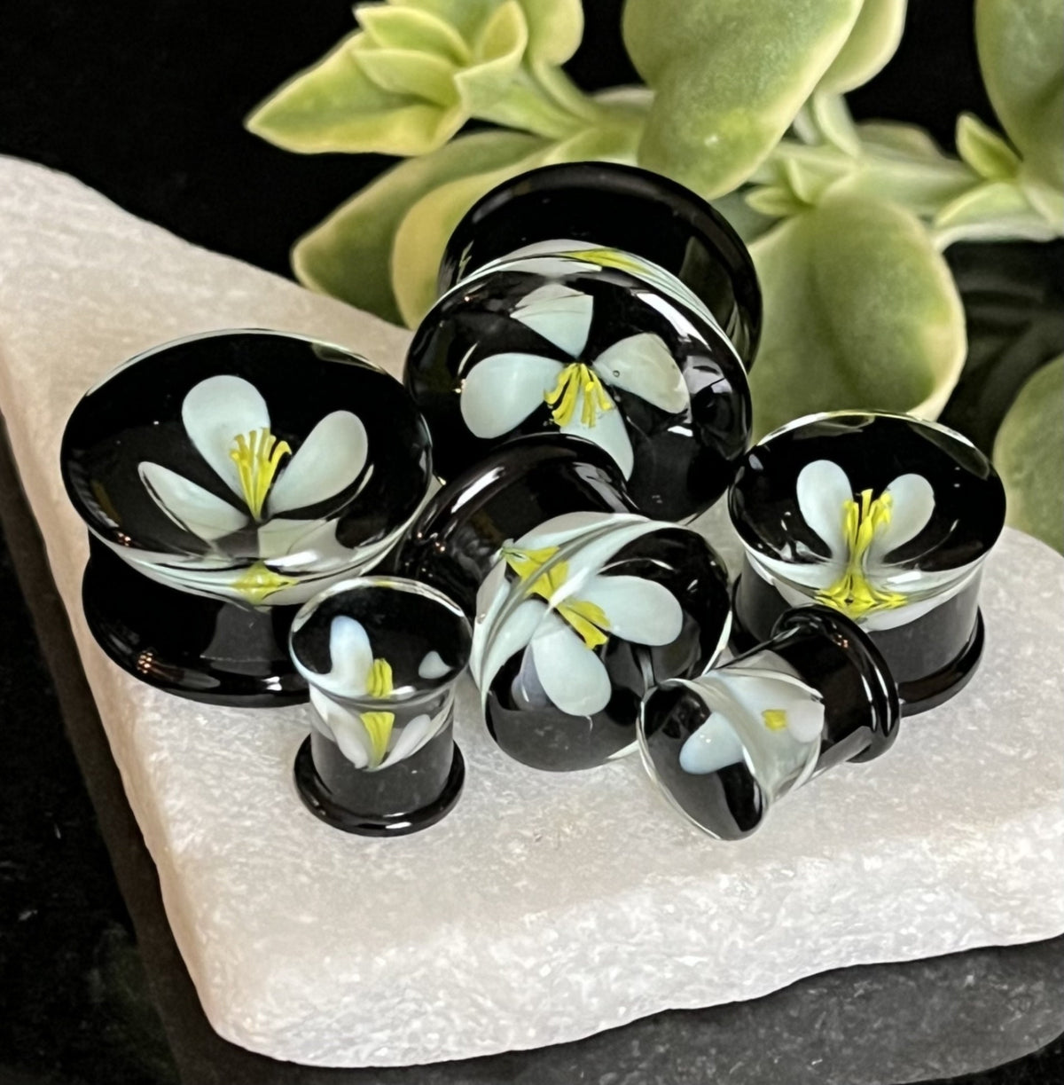 PAIR of Unique Floating Flower Black Pyrex Glass Double Flare Plugs- Gauges 0g (8mm) thru 3/4" (19mm)- White, Red, Yellow & Teal Available!