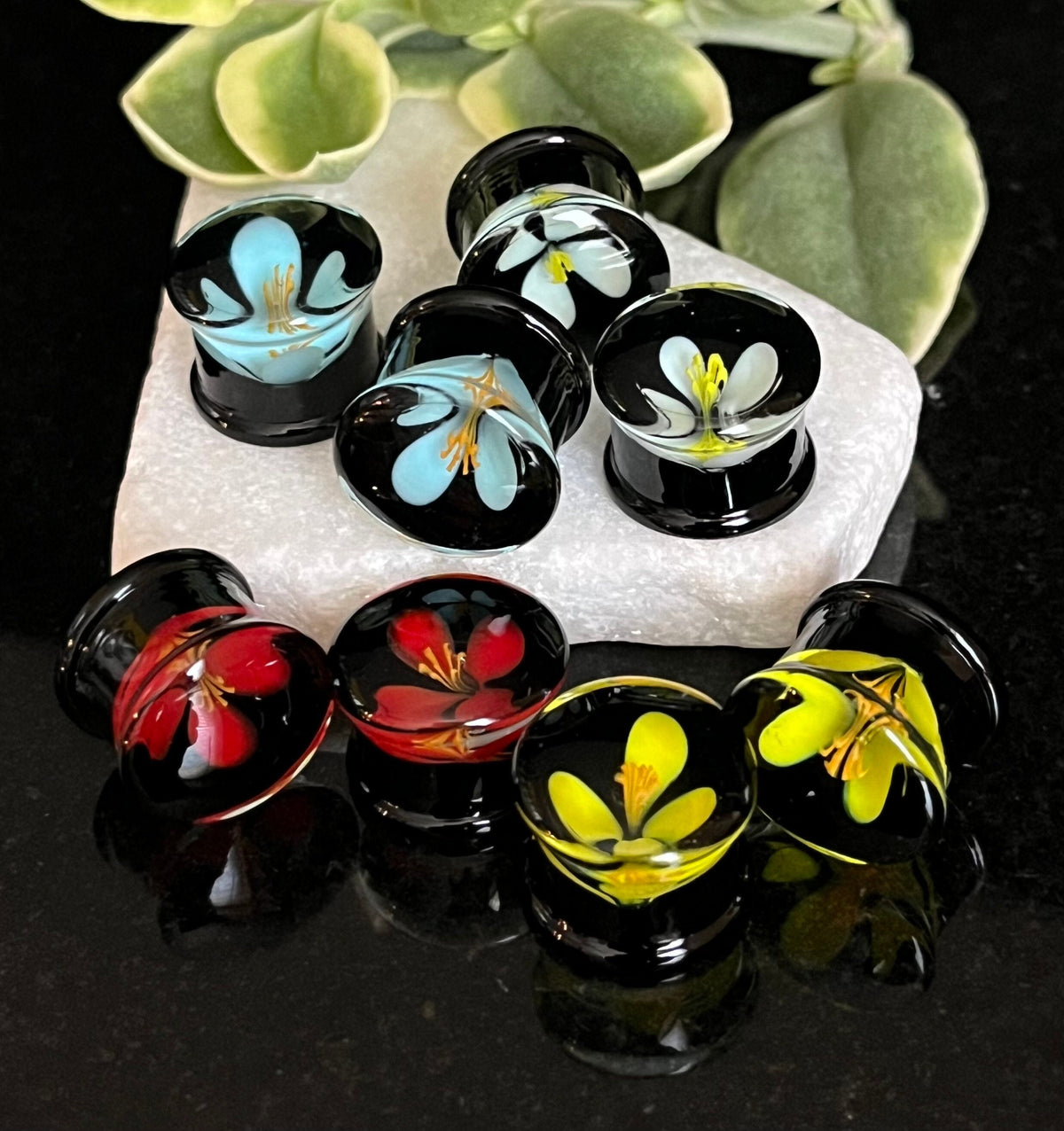 PAIR of Unique Floating Flower Black Pyrex Glass Double Flare Plugs- Gauges 0g (8mm) thru 3/4" (19mm)- White, Red, Yellow & Teal Available!