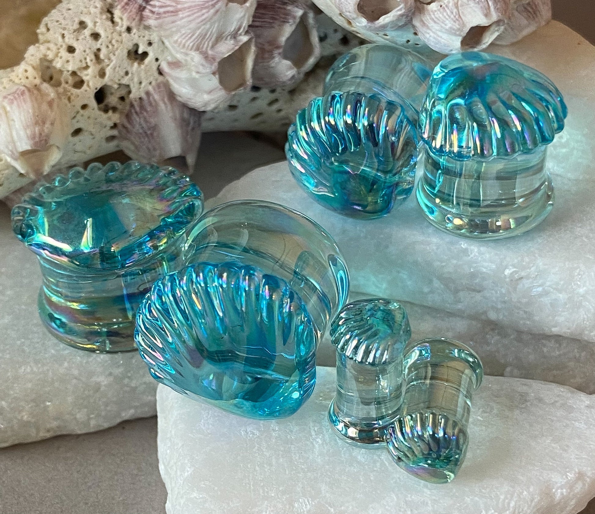 PAIR of Stunning Aurora Borealis Seashell Glass Double Flare Tunnels/Plugs - Gauges 2g (6mm) thru 5/8" (16mm) available!