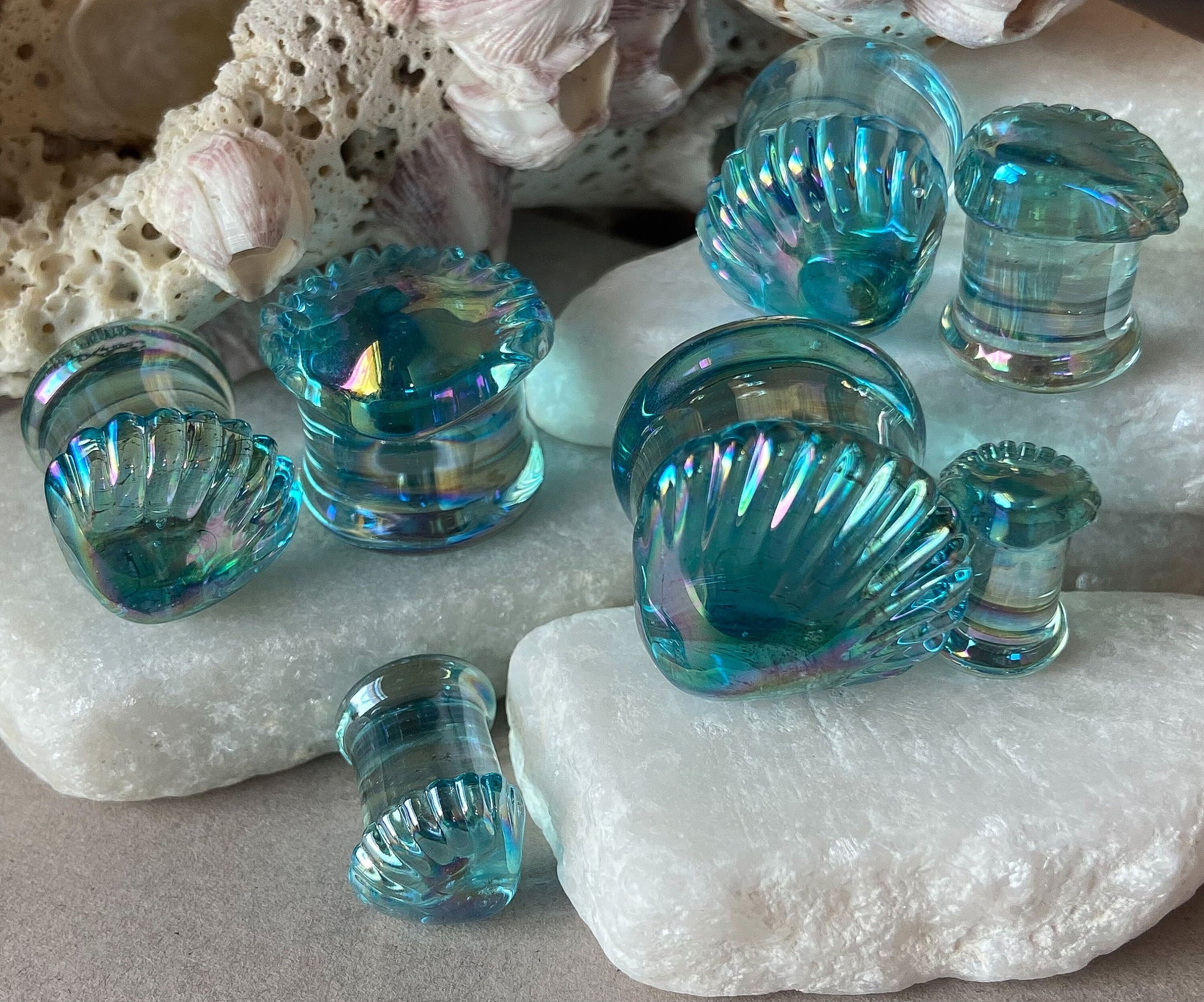 PAIR of Stunning Aurora Borealis Seashell Glass Double Flare Tunnels/Plugs - Gauges 2g (6mm) thru 5/8" (16mm) available!