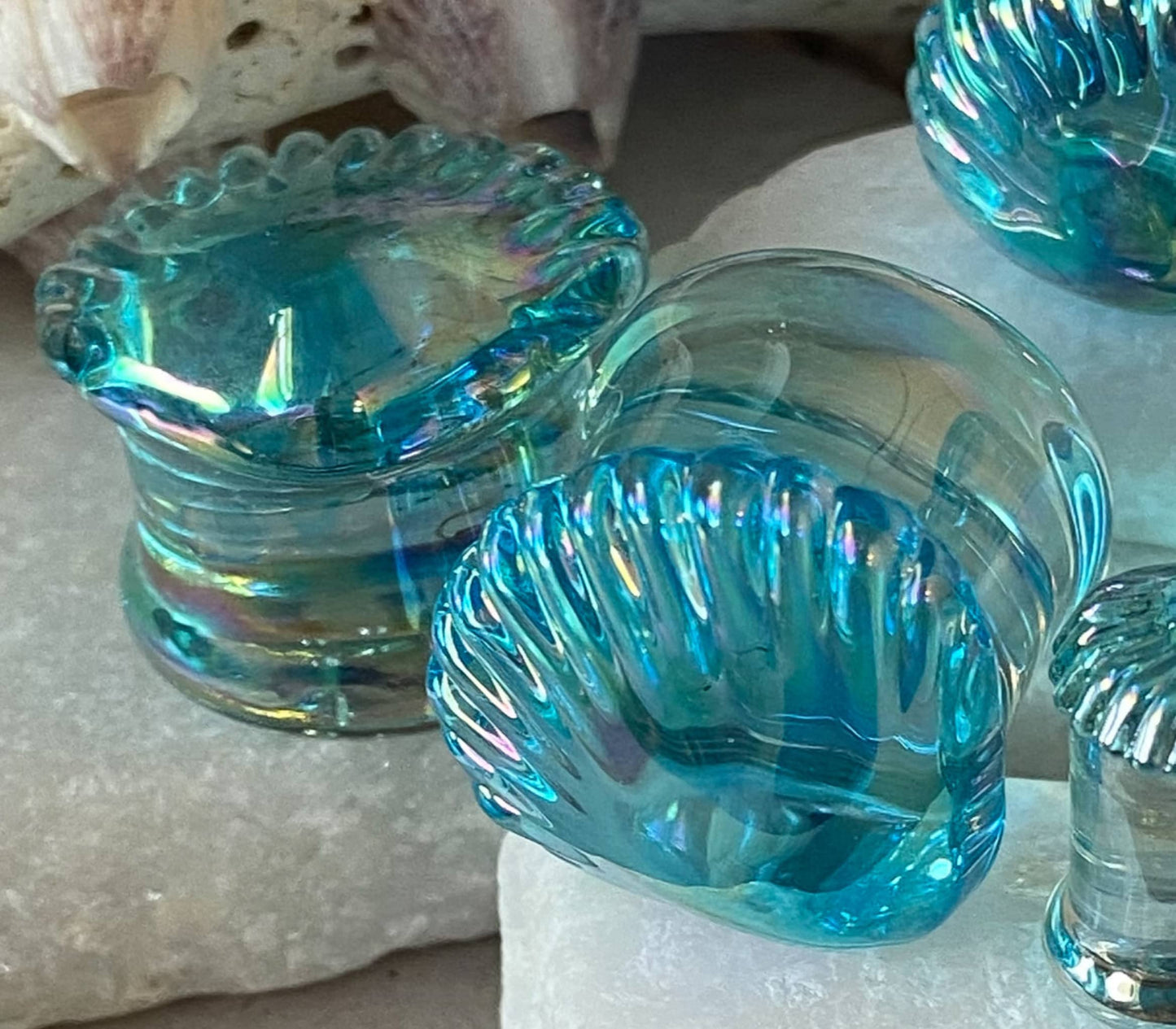 PAIR of Stunning Aurora Borealis Seashell Glass Double Flare Tunnels/Plugs - Gauges 2g (6mm) thru 5/8" (16mm) available!