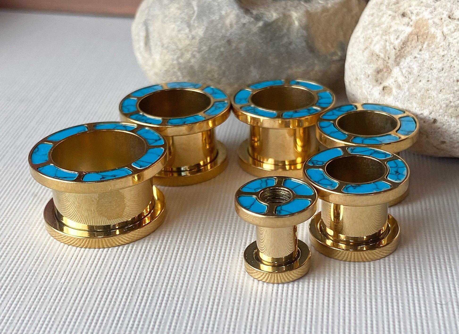 PAIR of Beautiful Turquoise Inlaid Rimmed Gold Screw Fit Tunnels/Plugs - Gauge 2g (8mm) thru 5/8" (16mm) available!