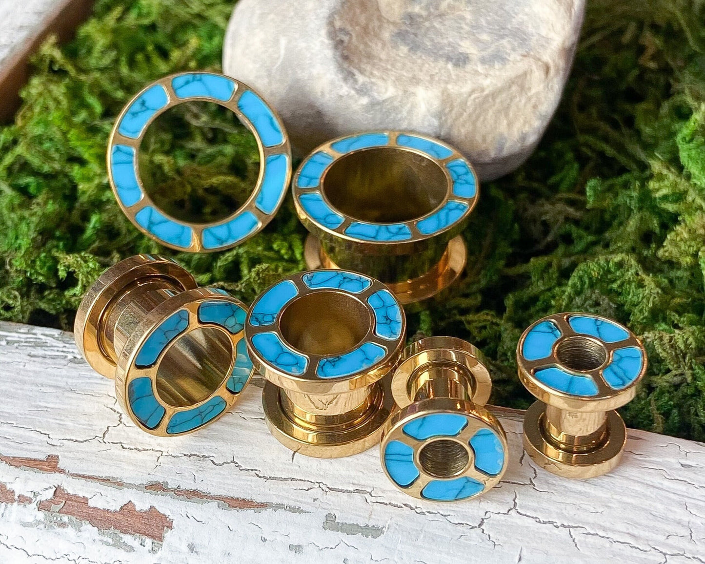 PAIR of Beautiful Turquoise Inlaid Rimmed Gold Screw Fit Tunnels/Plugs - Gauge 2g (8mm) thru 5/8" (16mm) available!