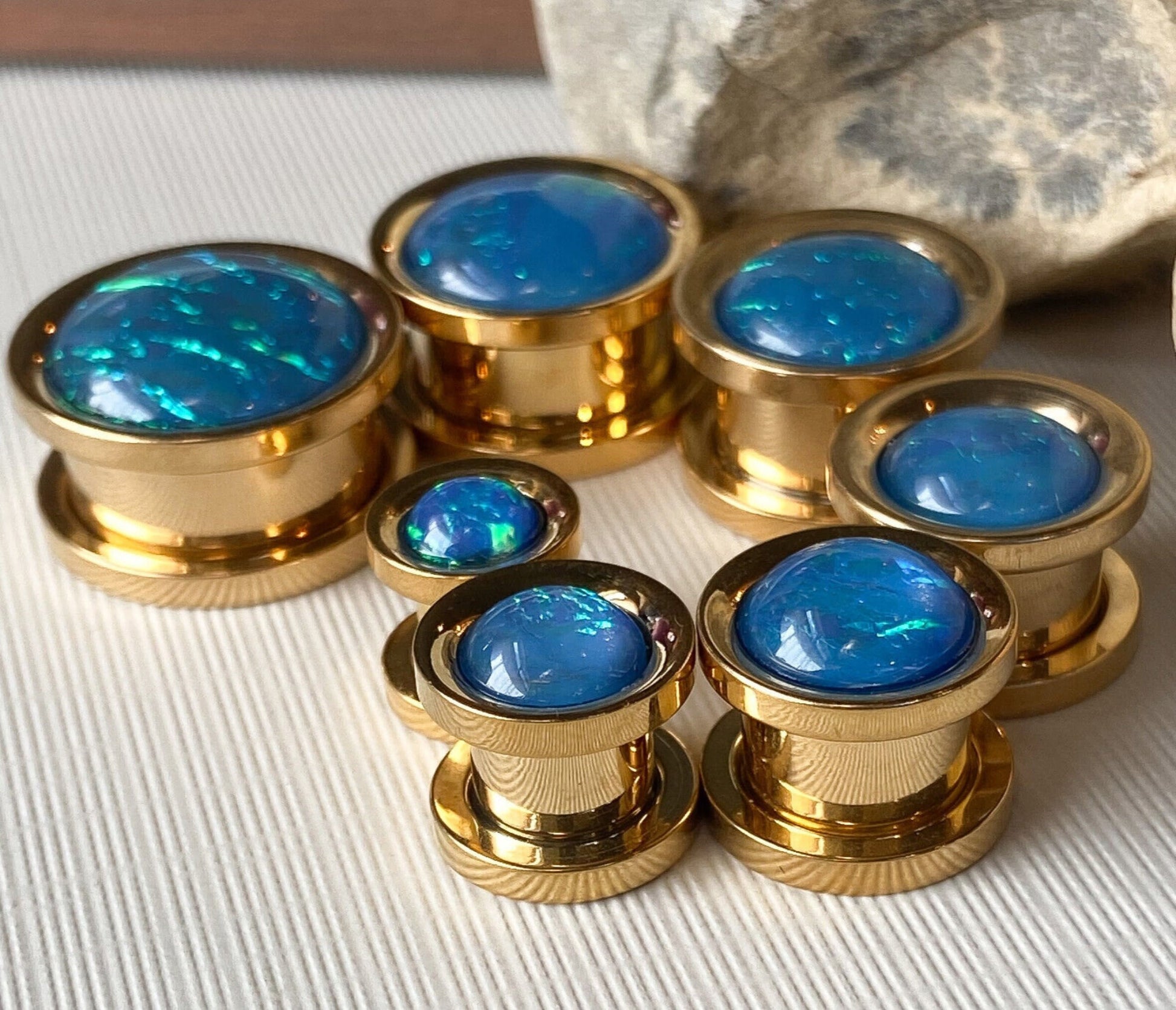 PAIR of Stunning Synthetic Blue Opal Gold Screw Fit Tunnels/Plugs - Gauges 2g (6mm) thru 5/8" (16mm) available!