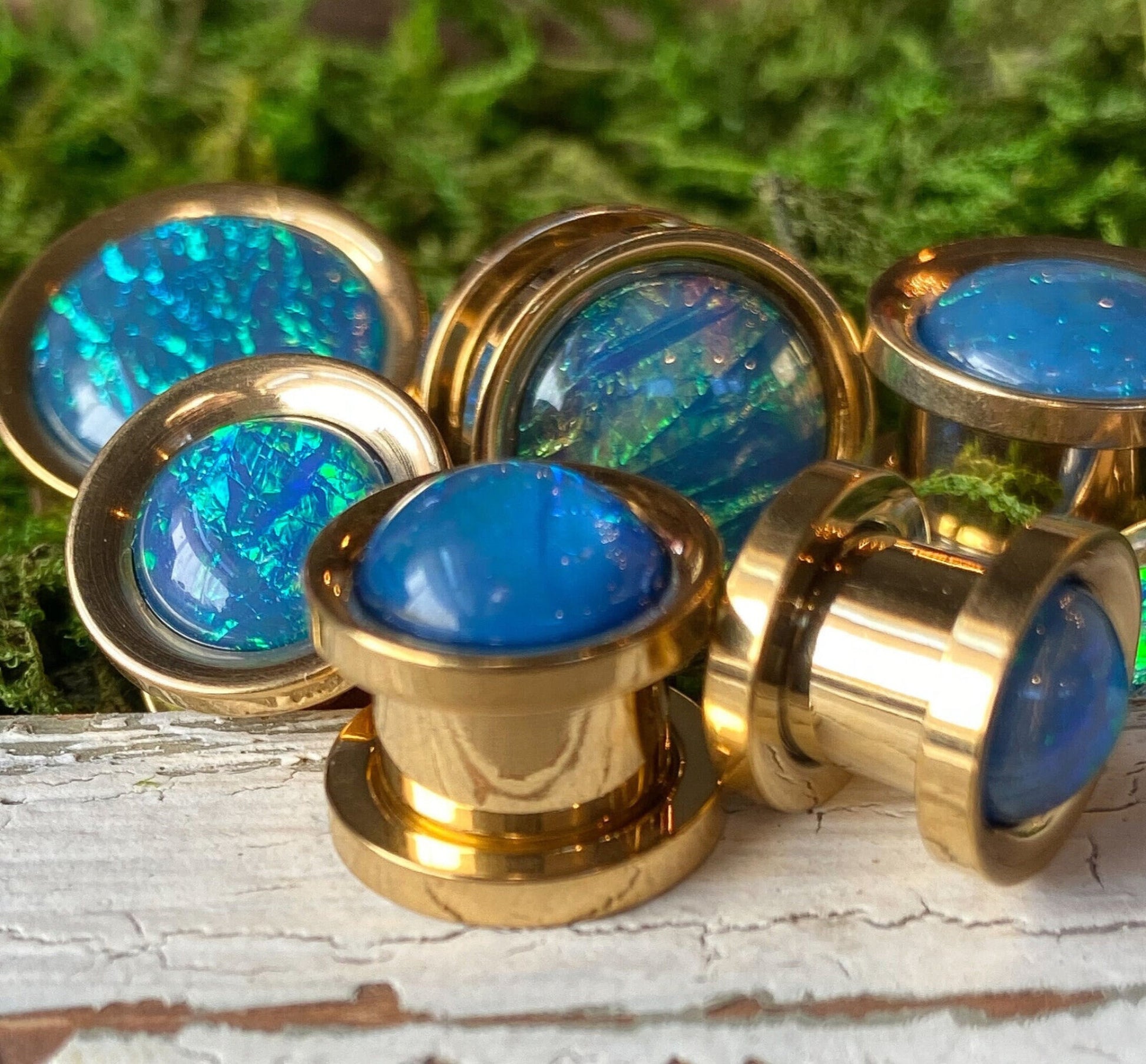 PAIR of Stunning Synthetic Blue Opal Gold Screw Fit Tunnels/Plugs - Gauges 2g (6mm) thru 5/8" (16mm) available!