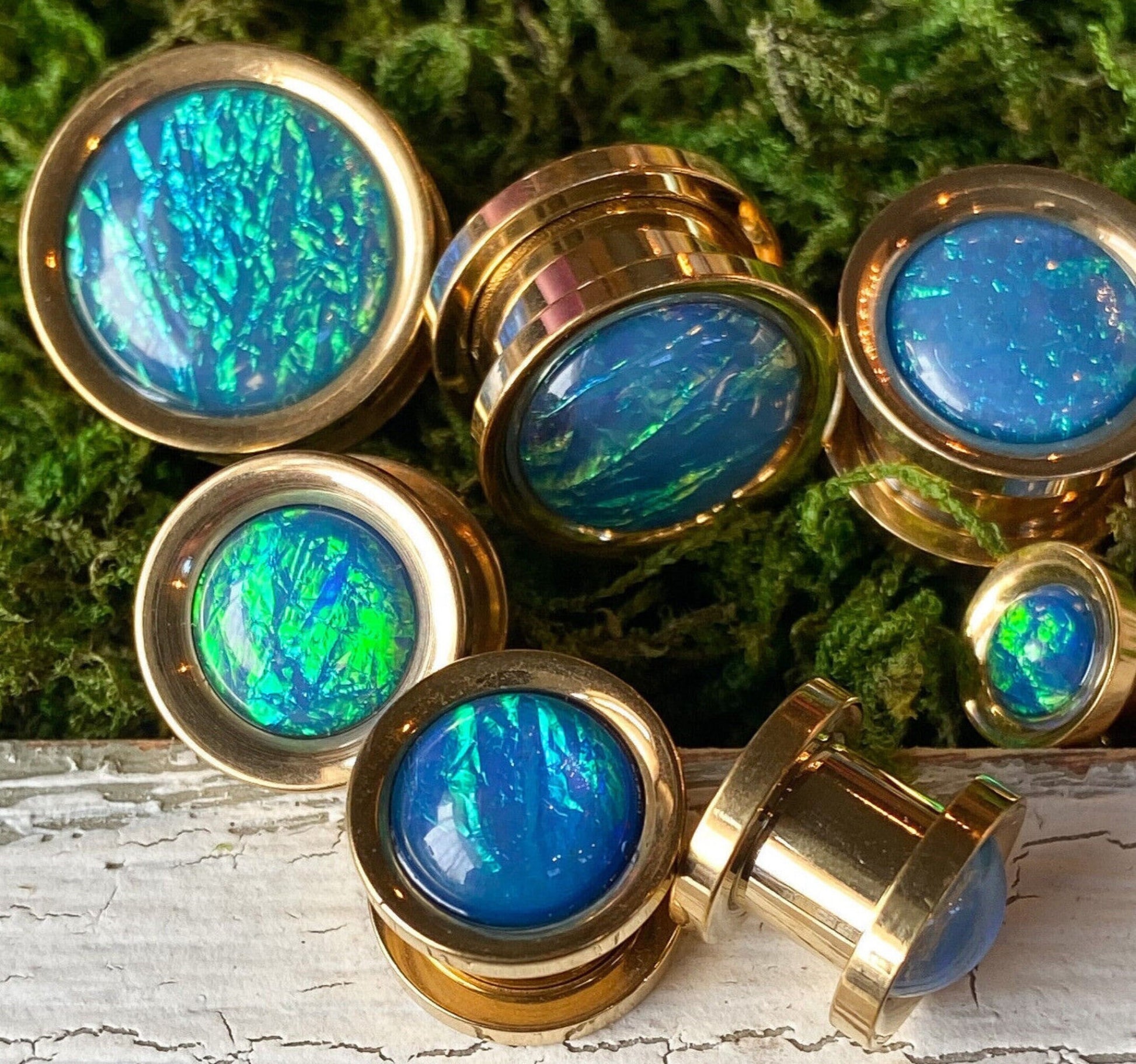 PAIR of Stunning Synthetic Blue Opal Gold Screw Fit Tunnels/Plugs - Gauges 2g (6mm) thru 5/8" (16mm) available!