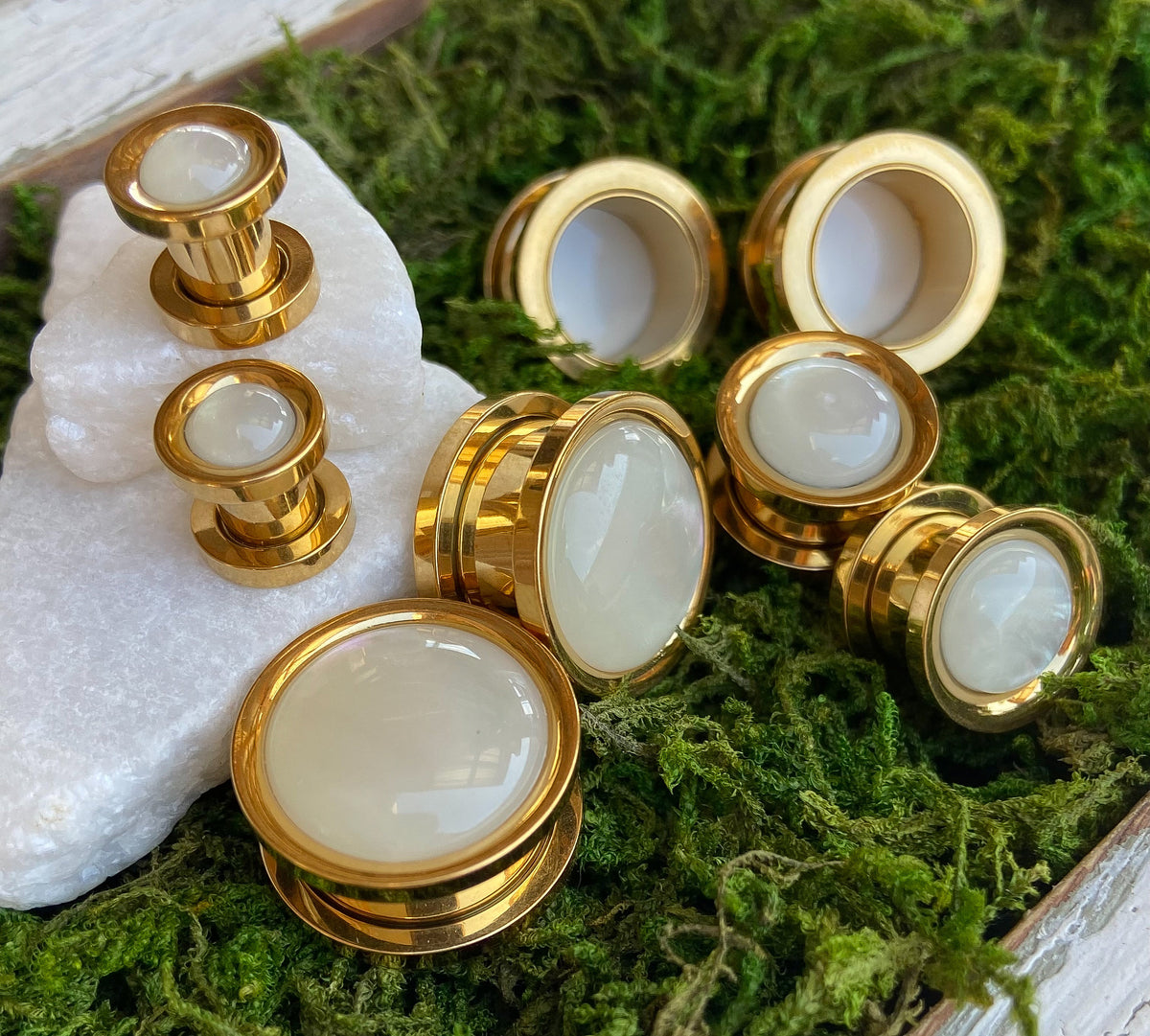 PAIR of Stunning Synthetic White Pearl Gold Screw Fit Tunnels/Plugs - Gauges 2g (6mm) thru 5/8" (16mm) available!