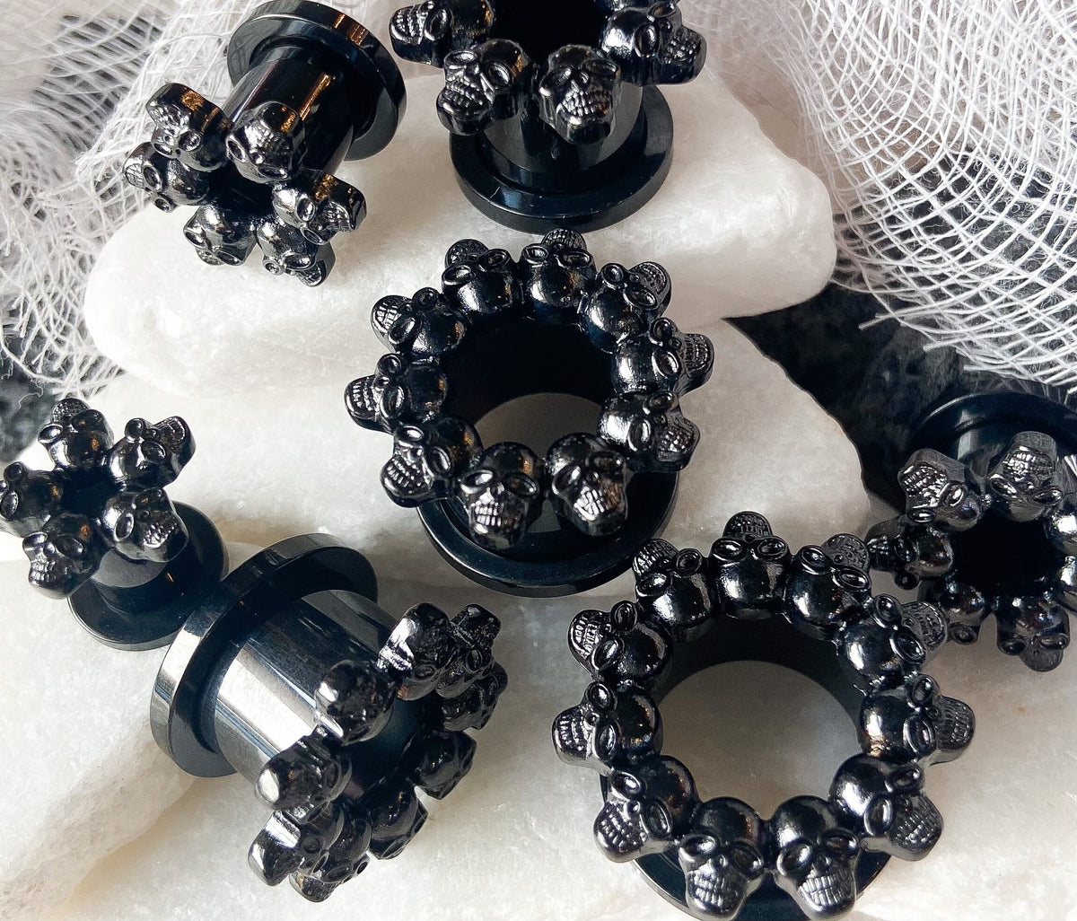 PAIR of Unsual Black Skull Rimmed Gothic Screw Fit Tunnels / Plugs - Gauges 2g (6mm) thru 5/8" (16mm) available!