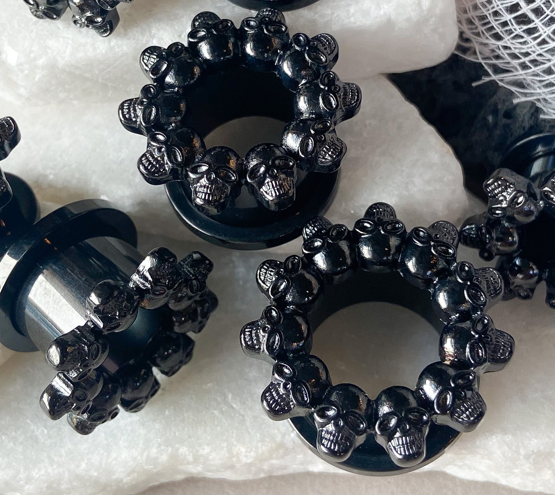 PAIR of Unsual Black Skull Rimmed Gothic Screw Fit Tunnels / Plugs - Gauges 2g (6mm) thru 5/8" (16mm) available!