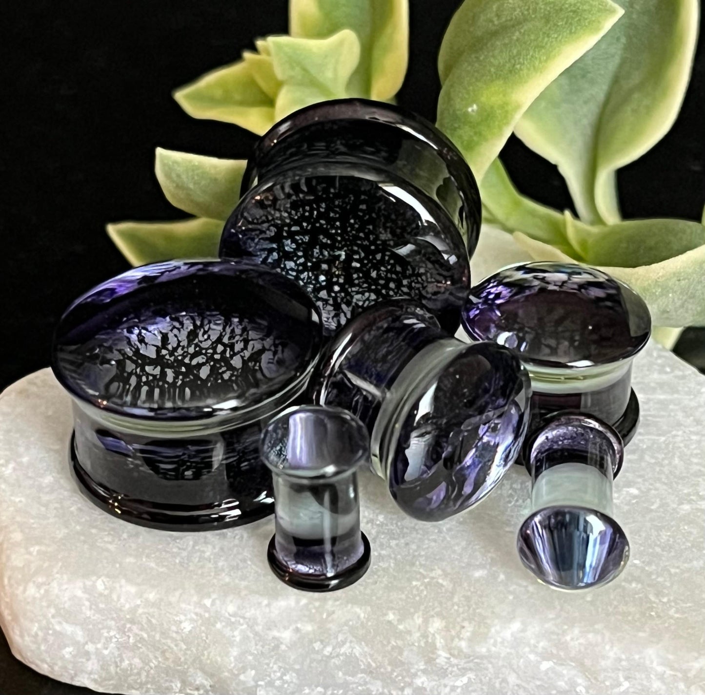 PAIR of Stunning Purple & Black Fracture Design Glass Double Flare Plugs - Gauges 2g (6mm) through 3/4" (19mm) available!
