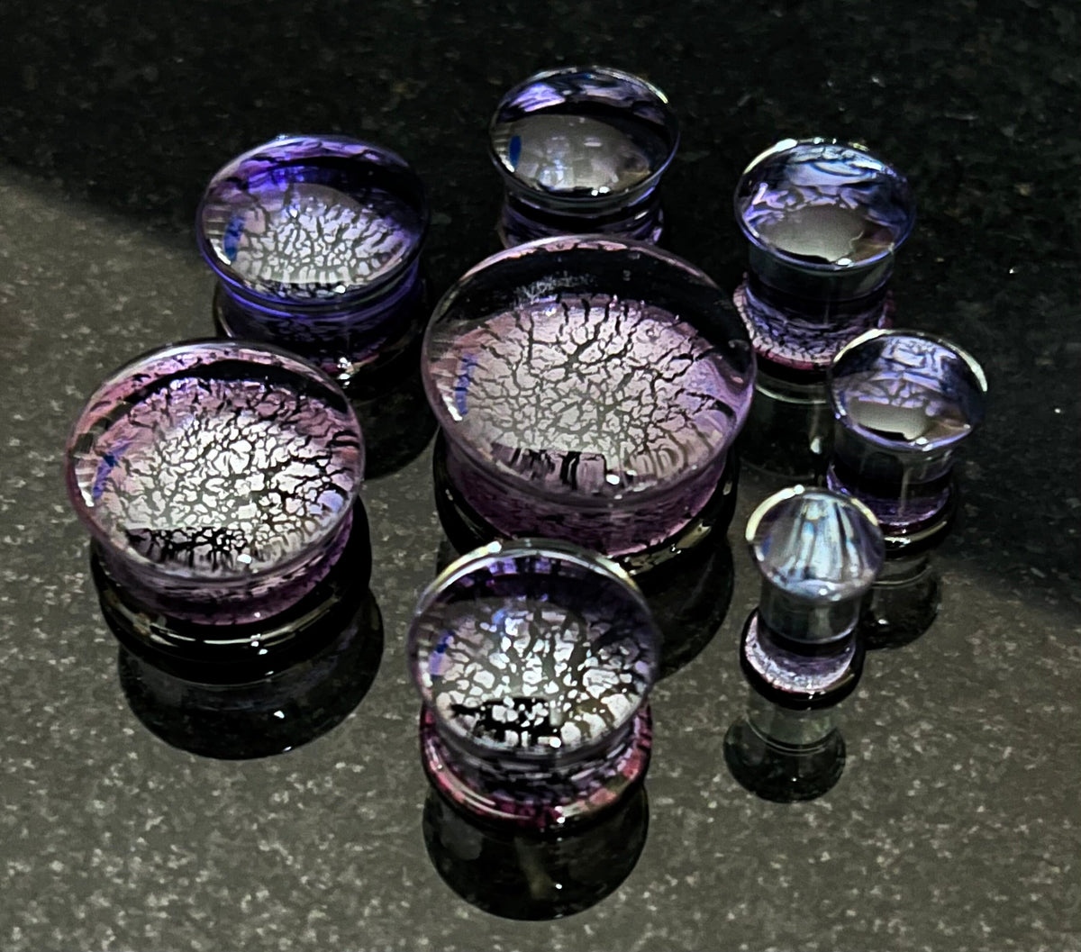 PAIR of Stunning Purple & Black Fracture Design Glass Double Flare Plugs - Gauges 2g (6mm) through 3/4" (19mm) available!