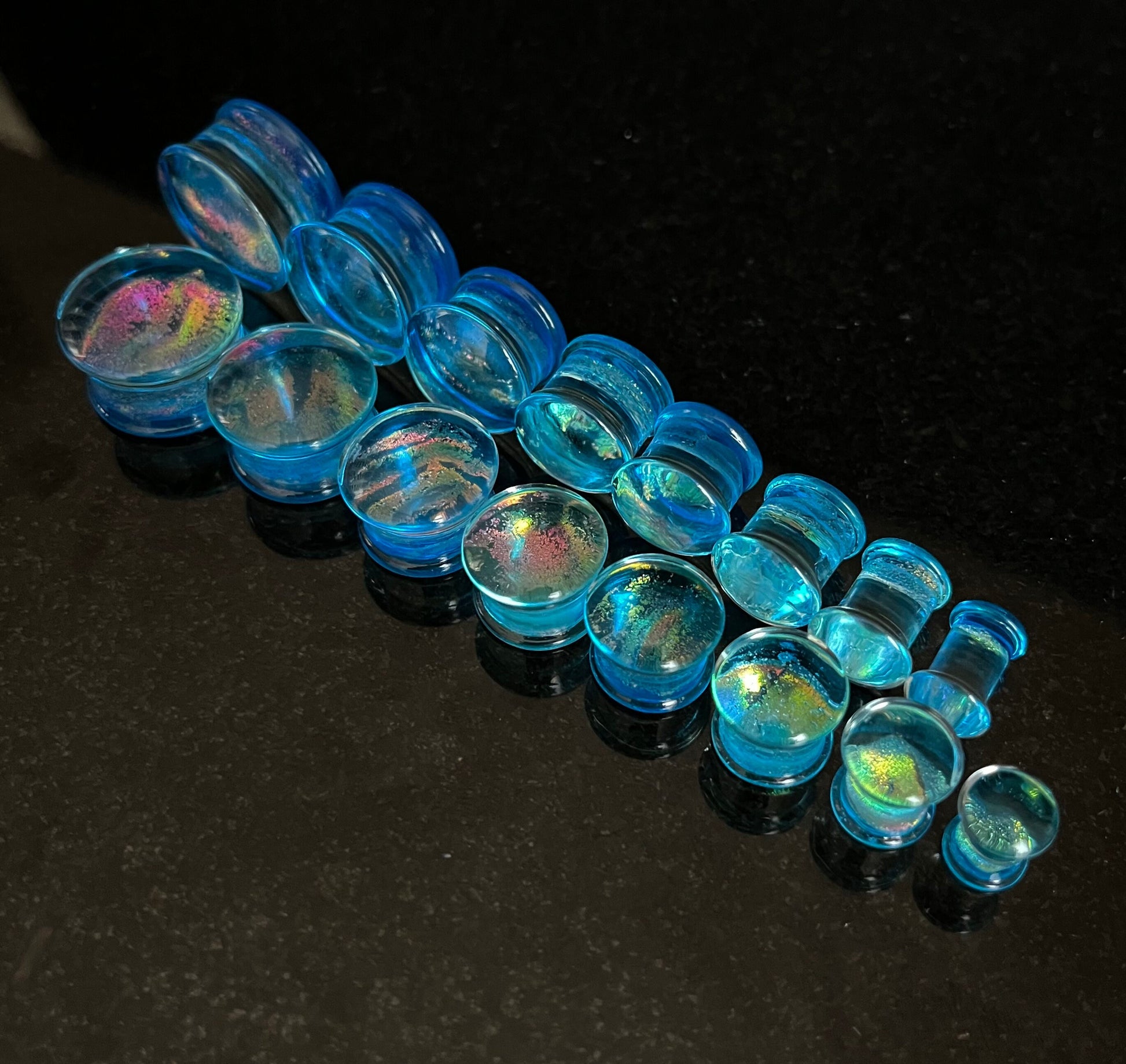 PAIR of Beautiful Light Blue Dichroic Glass Double Flare Plugs - Gauges 2g (6mm) through 3/4" (19mm) available!