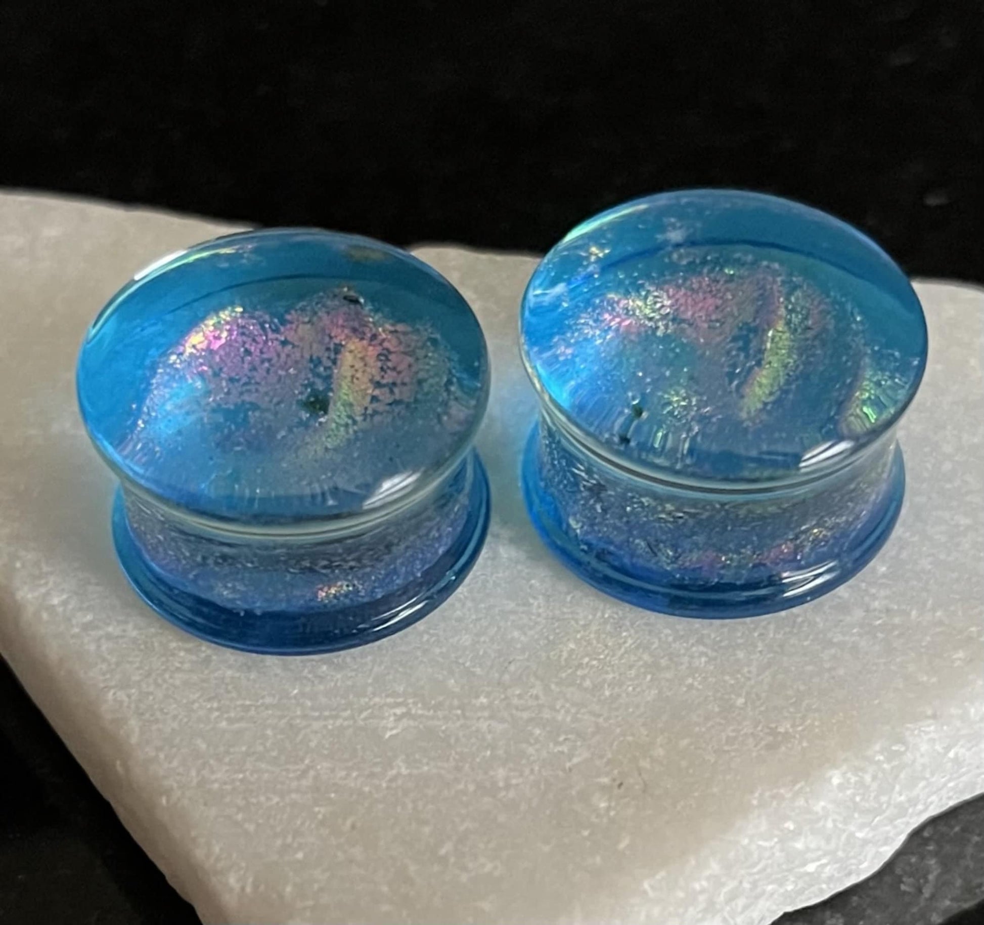 PAIR of Beautiful Light Blue Dichroic Glass Double Flare Plugs - Gauges 2g (6mm) through 3/4" (19mm) available!