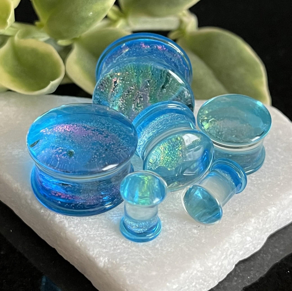 PAIR of Beautiful Light Blue Dichroic Glass Double Flare Plugs - Gauges 2g (6mm) through 3/4" (19mm) available!
